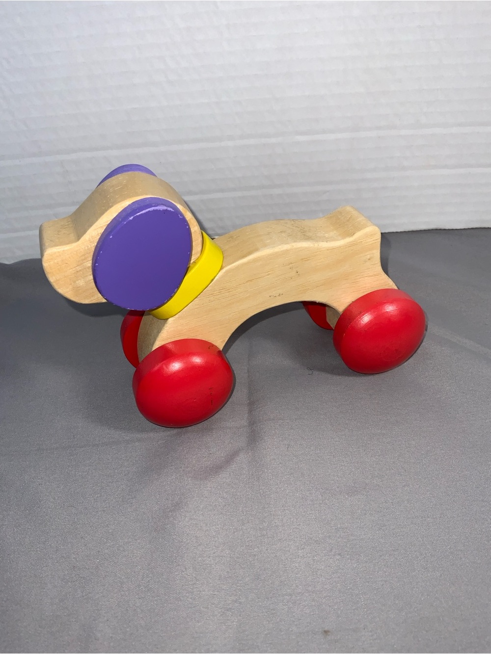 Handcrafted wooden dog push toy red wheels ages 1-4 classic toy 6” X 4”